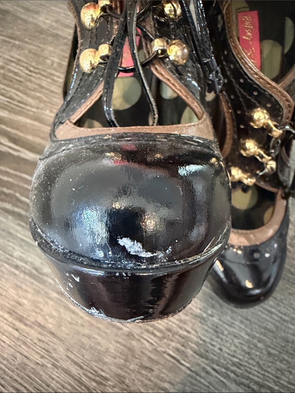 Betsey Johnson Black Patent & Brown Trim Lace-Up Heels - Picture 6 of 7